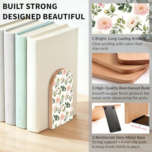 Flowers and Roses Wooden Bookends, Book Ends for Shelves | 1 Pair 5"x3.15" Decorative Wood Book Supports, Cute Shelf Stoppers for Heavy Books, Office Desk, Study Room & Home Decor - style: Flowers and Roses