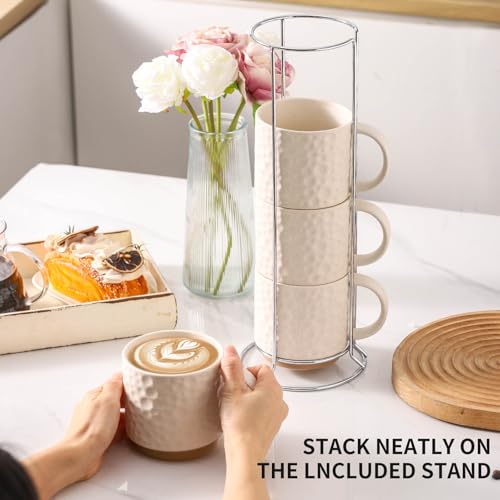 Nihow 16 OZ Ceramic Coffee Mug with Stackable Stand,Set of 4,White | Stackable, Stainless Stand Included, Cappuccino & Tea, Hot/Cold Drinks, Dishwasher & Microwave Safe - color: Matte White, size: 16 oz With Stand