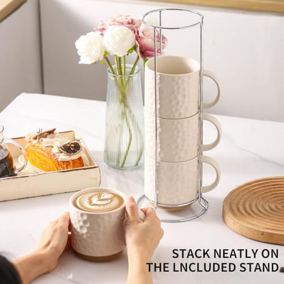 Nihow 16 OZ Ceramic Coffee Mug with Stackable Stand,Set of 4,White | Stackable, Stainless Stand Included, Cappuccino & Tea, Hot/Cold Drinks, Dishwasher & Microwave Safe - color: Matte White, size: 16 oz With Stand
