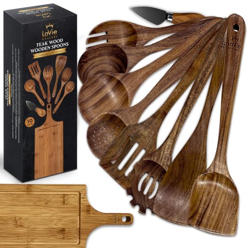 Wooden Spoons for Cooking, 10 Pcs Teak Wooden Kitchen Utensil Set, Teak Wooden Utensil Set, wooden cooking utensils, non toxic cooking utensils with knife and bamboo board