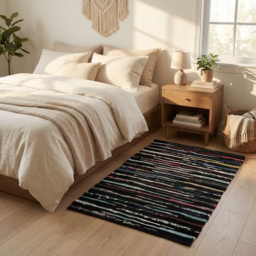 Chindi Kitchen Rug 2x3 Feet - Dark Multi | Cotton Small Throw Rugs for Entryway, Easy Care Black Hand Woven Mat - color: Dark Multi Hoisery, size: 2 x 3 feet