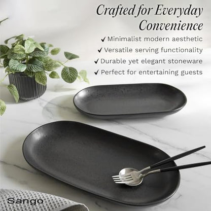 SANGO Anderson Serving Platters Set of 2, 14/12 Inch Stoneware Serving Dishes for Entertaining, Semi-Matte Party Serving Trays for Food, Buffet Oval Platters for Bread, Appetizer, Cheese, Matte Black - color: Black