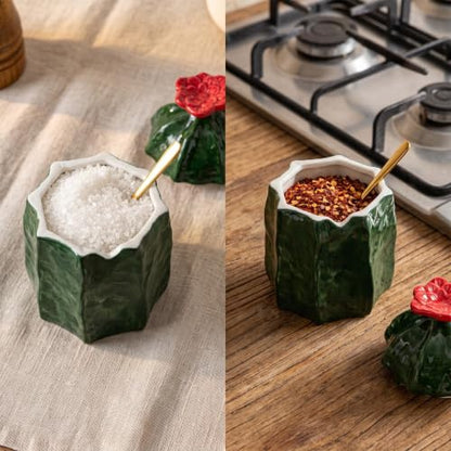 Cactus Ceramic Salt Cellar Sugar Bowl with Red Flower Lid and Gold Spoon | Green cactus ceramic salt cellar sugar bowl with red flower lid, notch, and gold spoon for kitchen countertop spice decor.