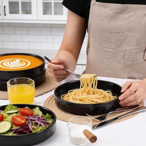 LIANYU 8.25’’ Pasta Bowls Set of 4, 33oz Large Wide Shallow Dinner Plates | Stoneware Salad Plate, Ceramic Serving Bowl Sets for Soup, Cereal, Fruit, Microwave & Dishwasher Safe, Obsidian Matte Black - color: Matte Black