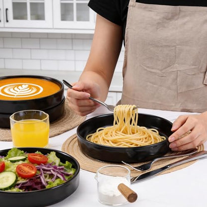 LIANYU 8.25’’ Pasta Bowls Set of 4, 33oz Large Wide Shallow Dinner Plates | Stoneware Salad Plate, Ceramic Serving Bowl Sets for Soup, Cereal, Fruit, Microwave & Dishwasher Safe, Obsidian Matte Black - color: Matte Black