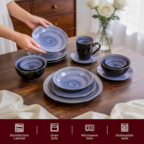 Stoneware Sonoma 56pc Dinnerware Set, Black + Speckled Spin Wash Cobalt - color: Cobalt