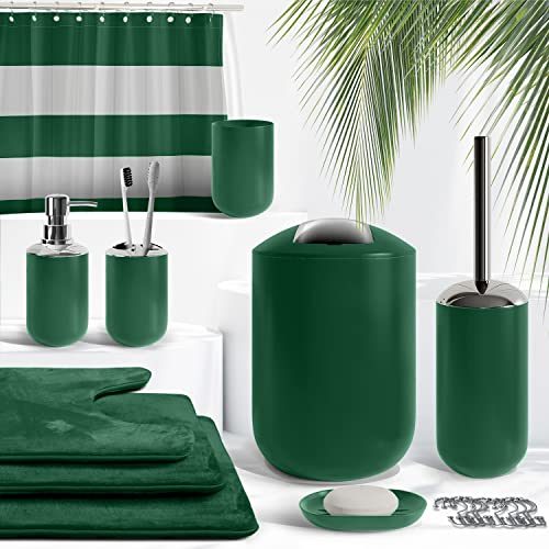 Clara Clark Bathroom Set - Green Bathroom Accessories Set, Bathroom Sets with Shower Curtain and Rugs, 23PC Shower Curtain Set with Liner, Soap Dispenser, Soap Dish, Toilet Brush Holder, and Trash Can - color: Hunter Green, size: Complete Set + Bath Rugs