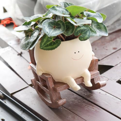 Smily Face Planter Pot Cute Resin Flower Head Planters for Indoor Outdoor Plants Unique Sitting Rocking Chairs Succulent Pots for String of Pearls Plant Live Gift Ideals with Drainage Hole - size: Large