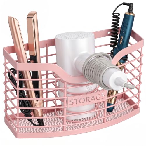 Hair Tool Organizer, Hair Dryer Holder for Bathroom Vanity Counter Cabinet | Dresser Blow Dryer Holder, No Drilling Wall Mount Storage Basket for Blow Dryers, Shaver, Comb, Curling Iron, Straightener - color: Pink