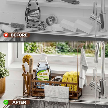 Kitchen Sink Organizer, Stainless Steel Sponge Holder, Brown | Rust-Resistant Steel, Detachable Draining Board, Compartment Divider, Brush Holder & Towel Bar, Ideal for Kitchen Storage - color: Brown