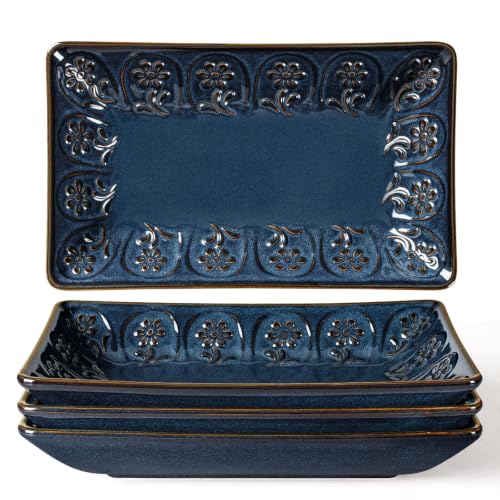 Appetizer Plates Set of 4, 8.25" Embossed Ceramic Rectangular Dessert Plates, Deep Lipped Edges, Microwave & Dishwasher Safe, Salad Sushi Snack Serving Plates (Blue, Pinwheel Flower) - color: Blue (Pinwheel Flower), size: 8.25 inch