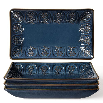 Appetizer Plates Set of 4, 8.25" Embossed Ceramic Rectangular Dessert Plates, Deep Lipped Edges, Microwave & Dishwasher Safe, Salad Sushi Snack Serving Plates (Blue, Pinwheel Flower) - color: Blue (Pinwheel Flower), size: 8.25 inch