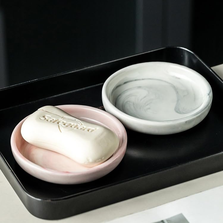 Round Marble Soap Tray, Small Ceramic Soap Dish, Cute Trinket Plate (Grey) - color: Grey