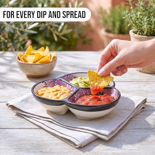 3-Compartment Ceramic Serving Dish, Handmade in Spain | 7.5” divided chip and dip bowl with lead-free glaze, microwave, oven and dishwasher safe, ideal for tapas, snacks and sauces - color: Onyx Lilac