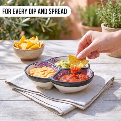 3-Compartment Ceramic Serving Dish, Handmade in Spain | 7.5” divided chip and dip bowl with lead-free glaze, microwave, oven and dishwasher safe, ideal for tapas, snacks and sauces - color: Onyx Lilac