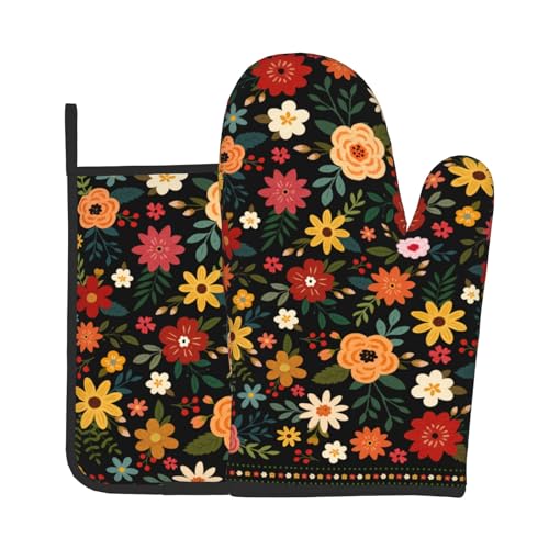 Giwawa Boho Floral Oven Mitts and Pot Holder Set of 2 Colorful Flower Heat Resistant Hot Pads Non Slip Washable for Kitchen Cooking Grilling BBQ - color: Black Floral