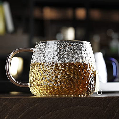 LUXU Hammered Tea Cups,Glass Coffee Mugs,15 oz,Set of 6 | Different Color Handles,Prefect for Cappuccino,Latte,Water,Mocha,Milk,Widely Used for Cafes,Home and Office ﻿ - style: 15 oz Hammered tea cups