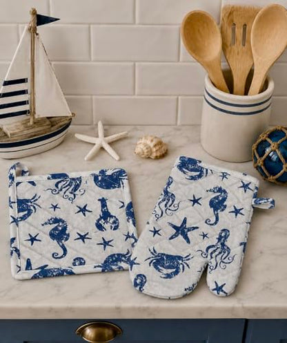 Summer Kitchen Pot Holder Oven Mitt Dish Towel Set: Fun Navy White Coastal Design, 5 pc Set (Coastal Blue) - color: Coastal Blue