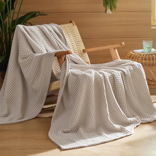 Bedsure Lightweight 100% Cotton Waffle Blanket, Twin XL, Linen | Summer, Breathable, Soft, Light, Thin, Bed, Couch, Sofa, Chair, 66"x90", Sheet Blanket, Dorm Room Essentials, Guys, Girls - color: Linen, size: Twin Xl (66" X 90")