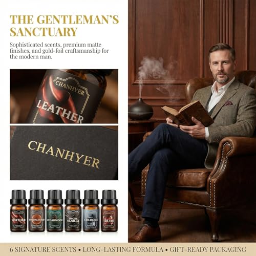 Men Essential Oils Set for Diffusers for Home 6 x 10 ml | Aromatherapy Gift,Premium Scented Oils for Diffusers - Leather,Sandalwood,Cedarwood,Smoke Vanilla,Cologne,Rum - color: Brown