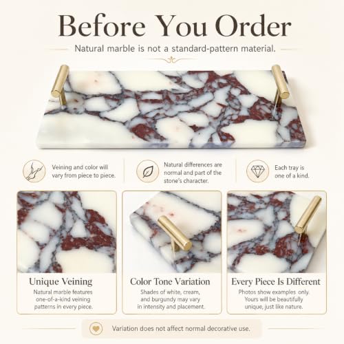 Calacatta Viola Marble Bathroom Tray with Gold Handles, Natural Stone Vanity Organizer for Towels and Essentials (with Handle 30x15cm) - color: With Handle 30x15cm