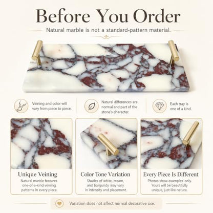 Calacatta Viola Marble Bathroom Tray with Gold Handles, Natural Stone Vanity Organizer for Towels and Essentials (with Handle 30x15cm) - color: With Handle 30x15cm