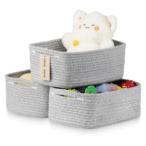 3Pack Small Woven Storage Baskets for Shelves Organizing | Cotton Rope Closet Organizer Bins, Basket for Gifts Empty, Nursery, Living room, Dog Toy Basket 11x7.5x4.5 in, Mixed Gray - color: Mixed Gray, size: S