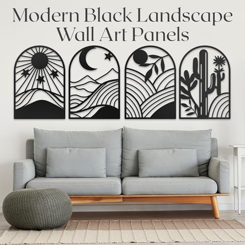GALLERY GRACE Metal Wall Art Decor – 11" x 16", 4Pc Single Line Abstract Wall Art for Living Room, Bedroom, Office – Boho Minimalist Black Wall Decor Featuring Sun, Moon, Landscape & Desert Panels | 11 x 16 In Panels, Sun, Moon, Landscape and Desert Desig