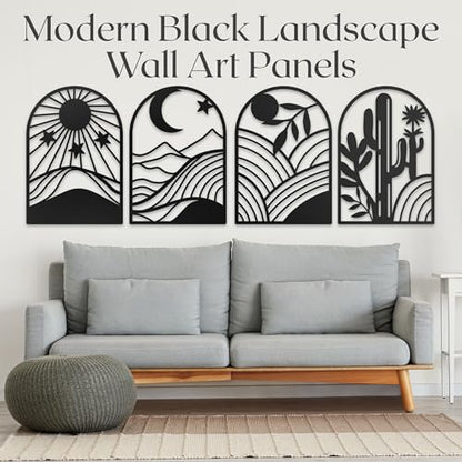 GALLERY GRACE Metal Wall Art Decor – 11" x 16", 4Pc Single Line Abstract Wall Art for Living Room, Bedroom, Office – Boho Minimalist Black Wall Decor Featuring Sun, Moon, Landscape & Desert Panels | 11 x 16 In Panels, Sun, Moon, Landscape and Desert Desig