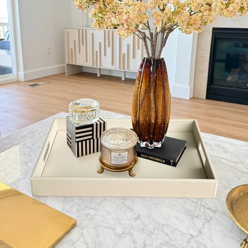 HofferRuffer Rectangle Serving Tray with Hole Handles for Coffee Table, Breakfast, Tea, Food, Butler - Countertop, Kitchen, Vanity Serve Tray, 16.2 x 12.2 x 2 inches, Faux Leather (Dark CreamWhite) - color: Dark Creamwhite