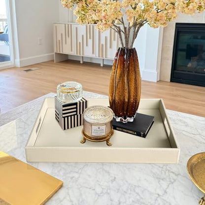 HofferRuffer Rectangle Serving Tray with Hole Handles for Coffee Table, Breakfast, Tea, Food, Butler - Countertop, Kitchen, Vanity Serve Tray, 16.2 x 12.2 x 2 inches, Faux Leather (Dark CreamWhite) - color: Dark Creamwhite