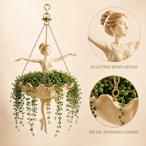 Ballet Dancer Hanging Planter, Resin Ballerina Flower Pot with Metal Chains, Small Hanging Basket for Succulents Ivy Spider Plants, Dance Teacher Appreciation Gift，Ballerina Dancer - color: White