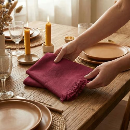 ACCENTHOME Burgundy Cotton Linen Napkin Set of 6 18x18 inch Dinner Napkins | Cotton Linen Blend Napkins, Machine Wash On Gentle Cycle, Economy Pack, Multi Purpose Use, Cotton - color: 10 - Burgundy, size: 18" x 18" (Set of 6)