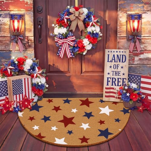 Duraaamo Independence Day Doormats Half Round 4th of July 250th Outdoor Mats Welcome Non Slip National Day Floor Mats for Front Porch Entryway Decor - style: Red Blue Stars