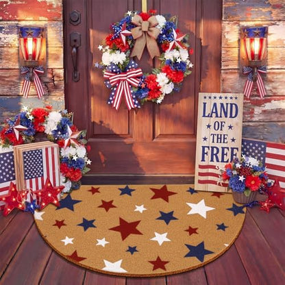 Duraaamo Independence Day Doormats Half Round 4th of July 250th Outdoor Mats Welcome Non Slip National Day Floor Mats for Front Porch Entryway Decor - style: Red Blue Stars