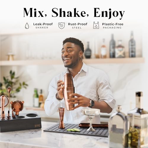 BARE BARREL® Mixology Bartender Kit Bar Set | 14-Piece Cocktail Shaker Set | Martini Barware Mixing Tools for Home Bartending | Incl. 35 Recipe Cards | Gift Set (28oz Boston Shaker, Copper/Black) - color: Copper/Black