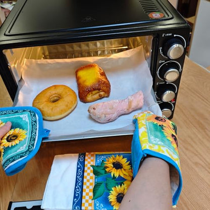 PXIYOU Oven Mitts and Pot Holders 6pcs Set, Sunflower 2 Dish Towels 2 Farmhouse Cooking Mittens Oven Glove 2 Potholder Heat Resistant BBQ Gloves for Kitchen Baking Cooking Grilling Microwave
