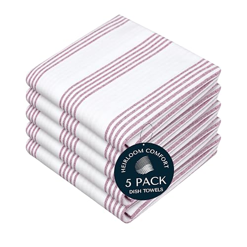 Burgundy Striped Kitchen Dish Towels (5-Pack), Quick Dry, Ultra Absorbent & Durable, 100% Cotton Multi Pin Stripe Towels for Drying Dishes, Wiping, and Daily Kitchen Cleanup - color: Burgundy Wine / Maroon, style: 5 Pack