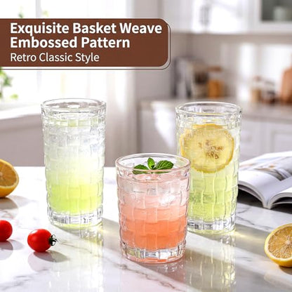 QAPPDA Embossed Drinking Glasses 12 Pack, 11oz & 8oz Old Fashioned Glass | Vintage Kitchen Bar Tumbler Glassware Set for Whiskey, Beer, Juice, Milk and Various Mixed Drinks