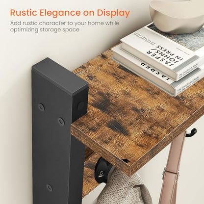 Wall Hooks with Shelf, Wood Coat Rack with Shelf Wall-Mounted, Entryway Hanging Shelves with 5 Metal Hooks for Clothes Hats Towel Purse Robes, Bathroom Mudroom Bedroom, Rustic Brown Black - color: Rustic Brown, size: 17.1 Inch Long