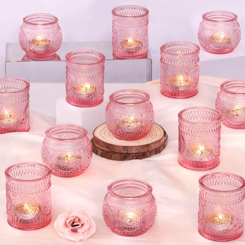 24Pcs Pink Votive Candle Holders- Glass Candle Holders Bulk for Flameless LED Tea Waxes, Romantic Candle Holder for Wedding Decor, Various Parties & Dinner Table - color: Pink, size: 24 PCS