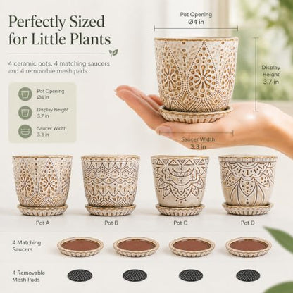 Gepege Ceramic Succulent Pots, 4 Inch Small Plant Pots with Drainage | Ceramic succulent pots with drainage holes, ceramic saucers and mesh pads, set of 4, ideal for cactus and succulents - color: Cream White, size: 4 Inch - Set of 4