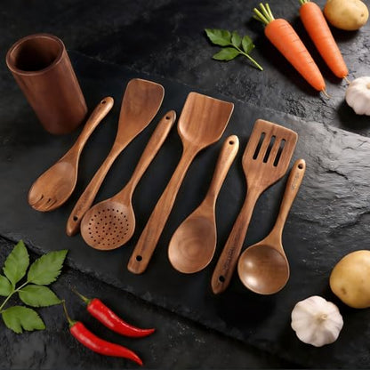 Wooden Spoons for Cooking - 8-Piece Wooden Kitchen Utensil Set made of Natural Solid Wood Material-Includes Spoons,Spatulas,Ladles,Mixing Spoon and Utensil Holder,Valentine's Day Gifts