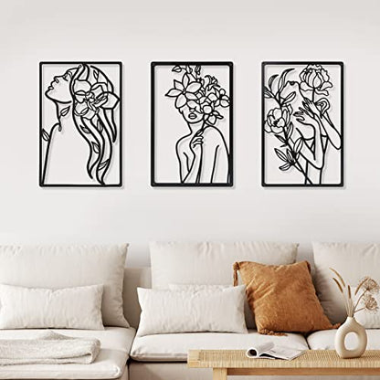 CHENGU 3 Pieces Metal Minimalist Abstract Woman Wall Art Line Drawing Wall Art Decor Single Line Female Home Hanging for Kitchen Bathroom Living Room - style: Floral Style