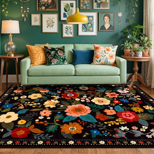 RELEANY Floral Washable 6x9 Area Rugs Black | Flower Carpet, Print, Boho, Non-Slip, Easy to Clean, Soft, Low Pile for Living Room Bedroom Kitchen Office Entryway Hallway - color: Black, size: 6' x 9' (Rectangular)