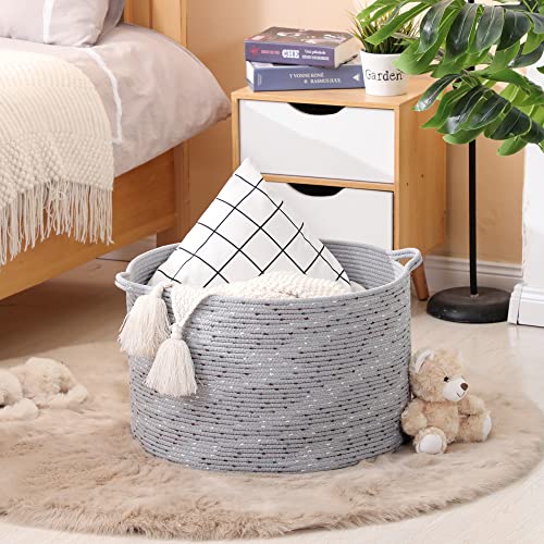 KAKAMAY Large Blanket Basket (20"x13"),Woven Baskets for storage Baby Laundry Hamper, Cotton Rope Blanket Basket for Living Room, Laundry, Nursery, Pillows, Grey with Blue & Brown Dotted | Extra Large Capacity | Natural Cotton Rope | Blanket Storage | Wov