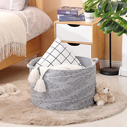KAKAMAY Large Blanket Basket (20"x13"),Woven Baskets for storage Baby Laundry Hamper, Cotton Rope Blanket Basket for Living Room, Laundry, Nursery, Pillows, Grey with Blue & Brown Dotted | Extra Large Capacity | Natural Cotton Rope | Blanket Storage | Wov
