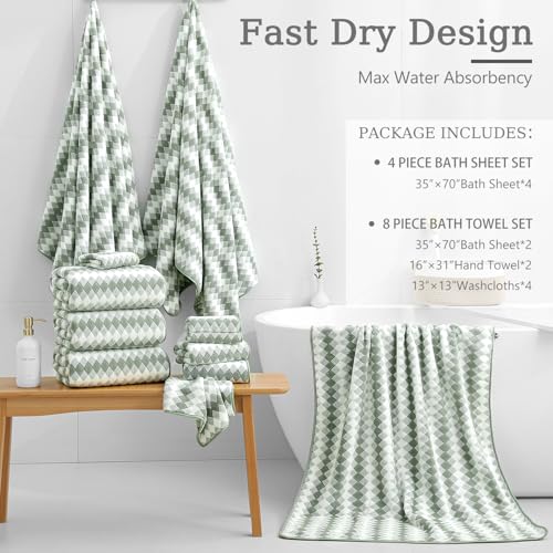 8 Piece Bathroom Towel Set Green |2 Oversized Large Bath Towels Sheet,2 Hand Towels and 4 Washcloths| 600GSM Ultra Soft Luxury Premium Towel Set Highly Absorbent Quick Dry Hotel Towel Collection - color: Diamond Green, size: 8 Piece Towel Set