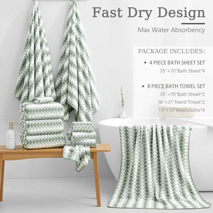 8 Piece Bathroom Towel Set Green |2 Oversized Large Bath Towels Sheet,2 Hand Towels and 4 Washcloths| 600GSM Ultra Soft Luxury Premium Towel Set Highly Absorbent Quick Dry Hotel Towel Collection - color: Diamond Green, size: 8 Piece Towel Set