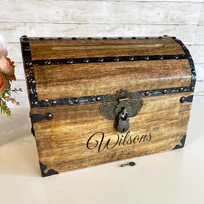 Personalized Treasure Chest with Card Slot, Antique Lock & Skeleton Keys (Medium 11x8x8) – Pirate Decor, Wooden Keepsake Box, Decorative Wooden Box for Weddings & Anniversaries - size: Medium 11x8x8